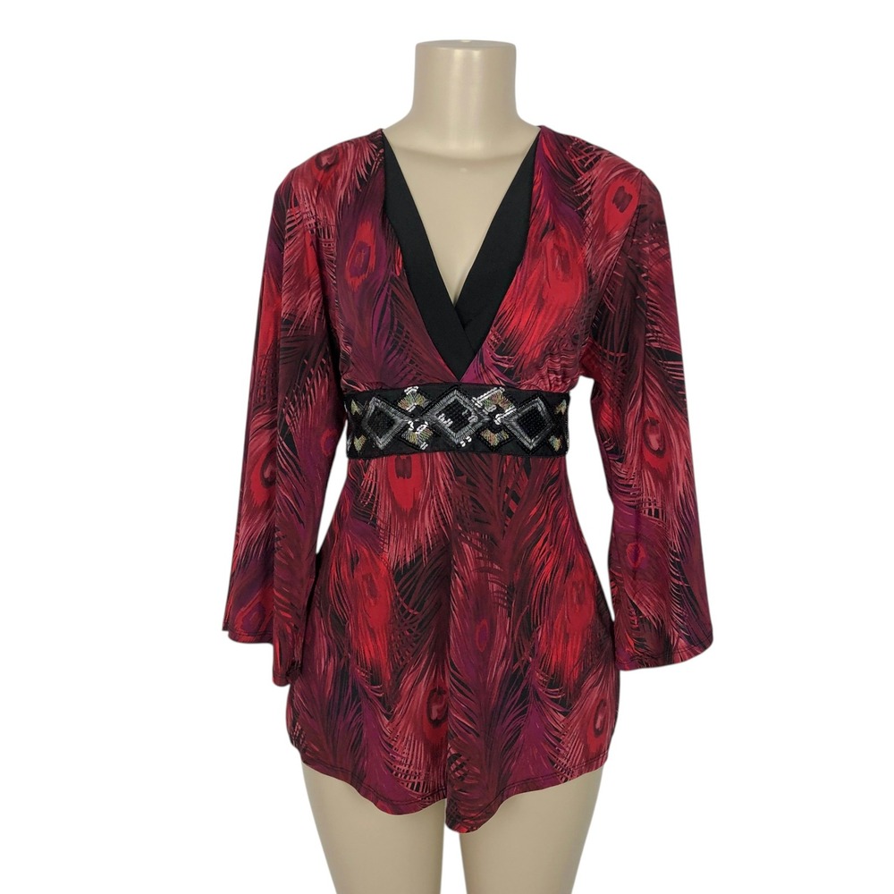 Dressbarn Sequin Embellished Belted Feather Print Tunic Top Y2K Whimsigoth Boho